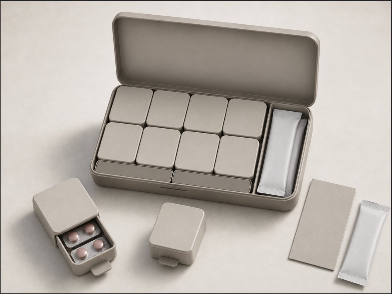 A matte warm-stone case, open, holding eight small modules in two rows with a compartment of electrolyte sticks at one end. Two modules sit beside it, one with its drawer slid out showing a sealed blister of tablets.